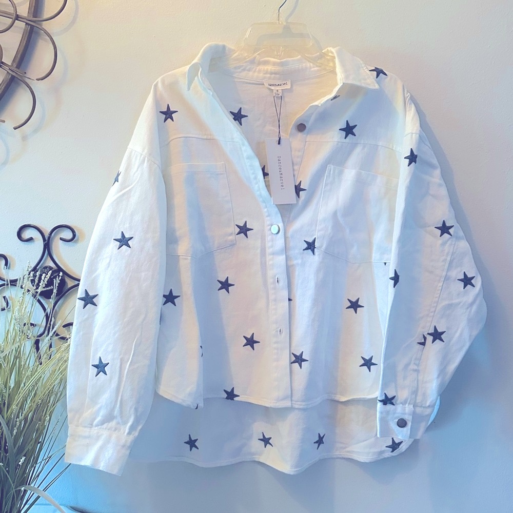 Dance & Marvel White Shacket with Blue Embroidered Stars